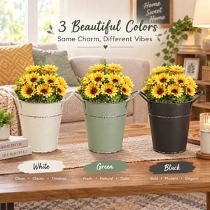 Pot de fleurs en métal blanc avec poignée, style rustique, arrangement de tournesols, vase de table pour la décoration de la maison - Product Image 3