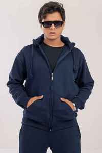 Sudadera con Capucha y Cierre para Hombre, Color Azul Marino, Corte Regular, 100% Algodón Felpa, Estilo Casual para Otoño, Tejido de Punto, Color Sólido - Product Image 6
