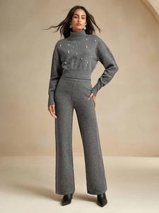 Conjunto Deportivo de Punto Gris para Mujer, Suéter de Cuello Alto y Pantalones Anchos, Estilo Casual de Invierno, Fabricante OEM de Marca Privada - Product Image 2