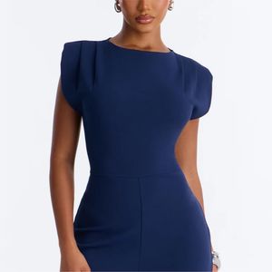 Combinaison bleu marine pour femmes, manches courtes bouffantes, col rond, taille haute, couleur unie, élégante, FITSALES LLC - Product Image 2