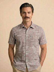 Camisa Casual de Lino/Algodón para Hombre, de Manga Corta, con Estampado Geométrico, Cuello Clásico, Transpirable, Estilo Veraniego - Product Image 3