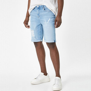 Shorts Bermuda en jean déchiré bleu clair pour homme, taille mi-haute, fermeture éclair, décontracté, en coton tissé respirant, coupe ajustée, anti-UV, séchage rapide - Product Image 1