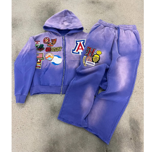 Unisex personalizado lavado ácido desgastado bordado Zip up Sudadera con capucha Jogger conjunto de peso pesado transpirable chándal pantalones acampanados - Product Image 1