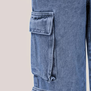 Pantalones vaqueros cargo holgados de cintura media para mujer, azul lavado, de pierna ancha, estilo skater, streetwear, hip hop, con múltiples bolsillos, casuales, 100% denim - Product Image 4