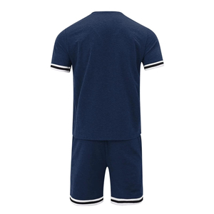 Ensemble de sport décontracté 2 pièces pour homme en tissu éponge uni, respirant, avec t-shirt à col ras du cou et short assorti, 100 % coton, idéal pour l'été et la course à pied - Product Image 4