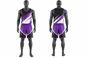 Ensemble de maillot de basket-ball géométrique violet, noir et blanc pour hommes, débardeur sans manches à col en V avec short à taille élastique, évacuation de l'humidité - Product Image 1