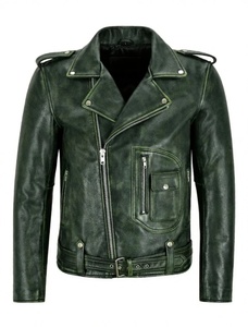Veste de motard en cuir vert pour homme avec fermeture éclair et poche poitrine - Product Image 1