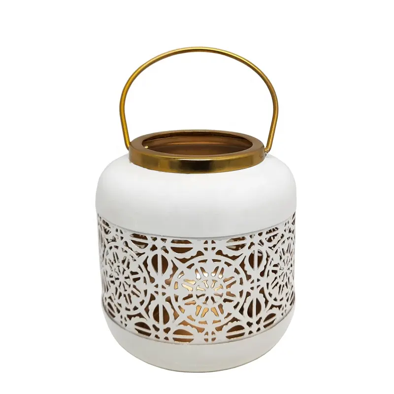 Wedding Decorative Iron Lantern With Handle Shiny Ceramic White And Gold Colour Modern Style Candle Pillar Holder