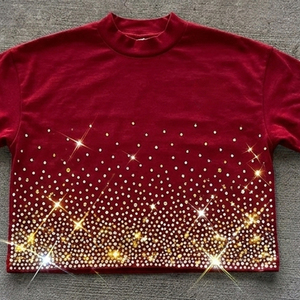 T-shirts d'été personnalisés pour fabricants de vêtements, à col double couche, effet vieilli, délavés à l'acide, avec strass, coupe oversize, courte et carrée - Product Image 5