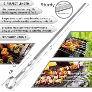 17\" Stainless Steel Kabob Skewers Reusable <b>Flat</b> Long Shish Kebab <b>Grill</b> BBQ Tools for Grilling and Barbecuing - Product Image 2
