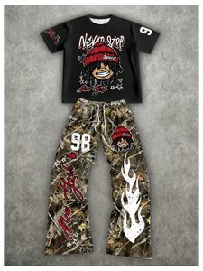 Custom Men 2 Piece Sweat <b>Set</b> Graphic Short Sleeve Tee Drawstring Flared Jogger Pants OEM Bulk - Product Image 5
