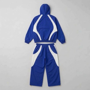 Ensemble de survêtement unisexe bleu et blanc à blocs de couleur, coupe-vent en nylon, à capuche, manches longues, fermeture éclair, style sportif, pour l'été, adulte - Product Image 3