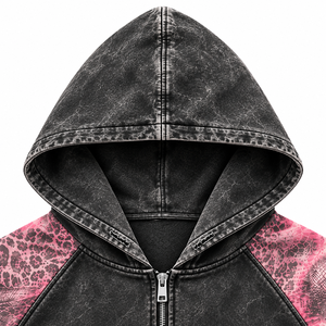 Unisex Oversized Hooded Zip-Up <b>Sweatshirt</b> Raglan Sleeve Leopard Print <b>Pink</b> Black Distressed Streetwear Autumn Wear - Product Image 5