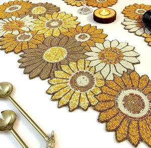 Embroidered Beaded Sunflower <b>Table</b> <b>Runner</b> Floral Rustic Home Decor Washable Hand Wash - Product Image 1