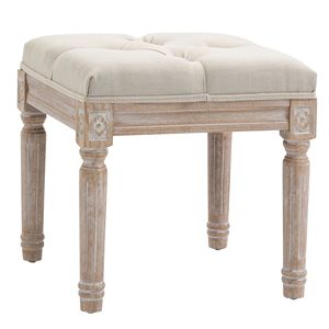 Antique 15.75\" Tufted Foot <b>Stool</b> Vintage Ottoman Rustic Wood Legs Beige Upholstered Seat Bench for Home Office <b>Bedroom</b> Living - Product Image 1