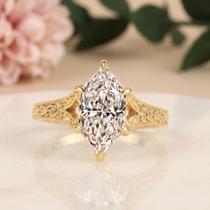 Gold Marquise Cut <b>Ring</b> with Ornate Engraved Band Design <b>Large</b> Center Stone Classy Wedding Engagement Fine Jewelry for Women Gift - Product Image 1
