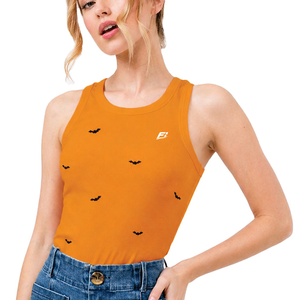 Women's Custom Orange Color Bat Print Knitted Crop Tank Top Sleeveless O-Neck Casual Autumn Top Wholesale OEM women's shirt - Product Image 1