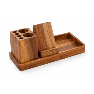 Organisateur de bureau en bois d'acacia en gros |   Design abstrait artisanal brun miel naturel |   Commandes en gros de meubles modernes du milieu du siècle - Product Image 1