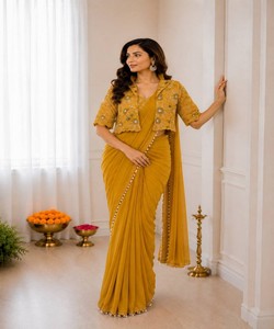Yellow <b>Saree</b> <b>With</b> Embroidered <b>Jacket</b> Women's Traditional Wedding Ethnic Wear Floor Length Regular Fit Ready To Wear 82846 BB-59 - Product Image 1