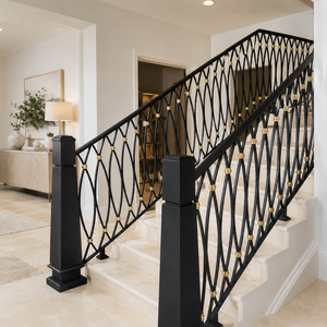 Rampe d'escalier en fer forgé noir et or de luxe, design en treillis diamanté pour escalier intérieur de villa, panneau de balustrade - Product Image 3