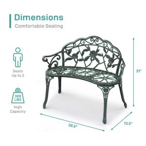 Antique Green Outdoor Cast Aluminum Patio Bench with Curved Legs and Rose Pattern Elegant Porch Bench Chair - Product Image 5