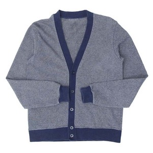 Women's Gray Knitted <b>Cardigan</b> With Navy Contrast Trim V-Neck <b>Long</b> Sleeve Casual Top Single Breasted <b>Button</b> Front Customized - Product Image 4