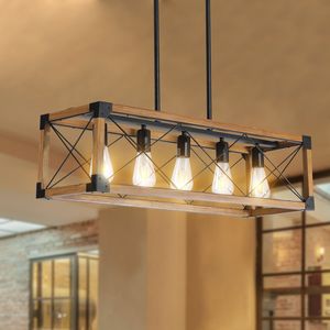 Lampadario a sospensione industriale in noce da 32 pollici con 5 luci per sala da pranzo, isola cucina, arredamento caffè - Lampadine non incluse - Product Image 4