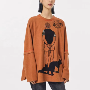 Women's Oversized Double Sleeves T Shirt Premium Cotton Round <b>Neck</b> Long Sleeve Streetwear Fashion Casual Clothing Top - Product Image 1