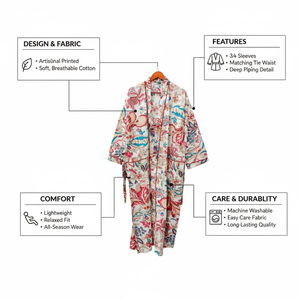 Bata Kimono Floral de Algodón Larga con Cuello en V y Estampado de Bloques, Bata de Baño con Cintura Ajustable, Ropa de Descanso Suave de Algodón para Spa - Product Image 4