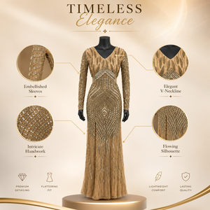 Luxury Champagne Gold Beaded Evening Gown for Women Elegant V Neck Long Sleeve Formal Maxi Dress Party Prom Cocktail Wear - Product Image 5