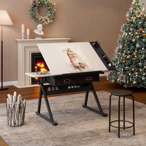 Tavolo da Disegno e Progettazione Regolabile Bianco con 2 Cassetti per Casa, Ufficio e Scuola, Include Sgabello - Product Image 3