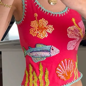 Parche Bordado a Mano para Mujer, Top Corto Rosa de Verano, Decoración Floral, Cuentas de Vidrio, Lentejuelas, Vida Marina - Product Image 1