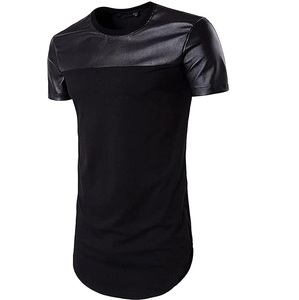T-shirts à manches courtes en cuir noir à col ras du cou, coupe ajustée, pour hommes musclés, idéaux pour la musculation - Product Image 1