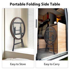 Table d'appoint ronde en rotin avec plateau en verre trempé, table pliable en osier pour l'extérieur, pour la pelouse et le jardin - Product Image 5