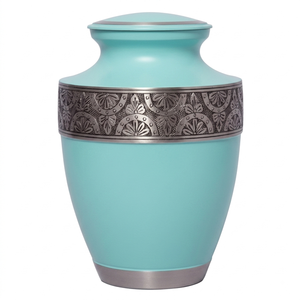 Urna Funeraria de Aluminio para Adultos con Hermosa Banda Grabada en Color Estaño y Blanco, Acabado con Bolsa de Terciopelo para Cenizas Humanas - Product Image 5