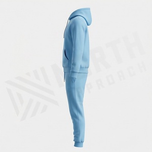 Ensemble de survêtement unisexe bleu clair à capuche, couleur unie, décontracté, sweat-shirt et pantalon, 100 % coton respirant, poids moyen - Product Image 3