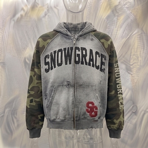 Sweat-shirt à capuche zippé Snow Grace, manches camouflage, coupe ample, vêtements décontractés pour hommes, automne - Product Image 3