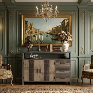 Araimo Industrial Teak Solid Wood Dresser Cabinet 3 Drawers Open <b>Shelf</b> Scandinavian Design <b>Rustic</b> Finish for Bedroom Storage - Product Image 3