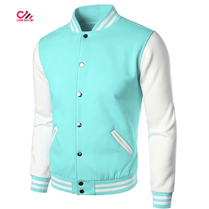 CARE MASTER <b>Men's</b> Varsity <b>Jacket</b> Turquoise <b>White</b> Color Block Stand Collar Casual Autumn Polyester Regular Fit Button Closure - Product Image 3