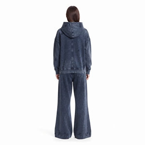 Ensemble de survêtement streetwear respirant pour femme, coupe décontractée, délavé à l'acide, avec sweat à capuche zippé intégral et pantalon jogger évasé à jambe large – Vente chaude - Product Image 4