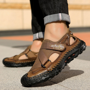 New Summer Men's Open Toe Beach Outdoor Slip-On Slippers Hand Stitched Hollow Breathable Mesh Casual <b>Shoes</b> - Product Image 5