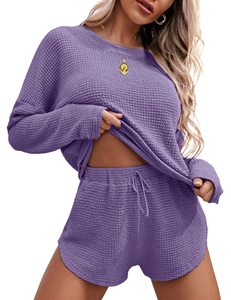 Ensemble de pyjama en tricot gaufré pour femmes, haut à manches longues et short assorti, ensemble de détente, vêtements de détente avec poches - Product Image 2