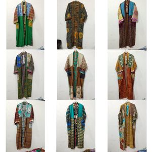 Robe Kimono Maxi Vintage en Soie Recyclée pour Femme, Élégante, Patchwork, Col en V, Cordon de Serrage, Respirante, Séchage Rapide, Idéale pour l'Été - Product Image 1
