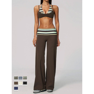 Contrast Waistband <b>Wide</b> <b>Leg</b> <b>Yoga</b> Leggings Printed Full Length <b>Pants</b> Four Way Stretch Women's Trousers - Product Image 2