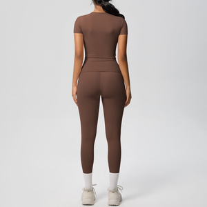 Ensemble de yoga 2 pièces marron, sans bretelles, col rond, manches longues, taille haute, longueur intégrale, respirant, imprimé, simple, sans couture, vêtements de sport - Product Image 2
