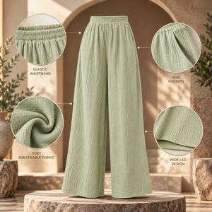 Pantalon palazzo à jambes larges pour femme avec taille élastique et poches latérales |   Pantalons décontractés fluides pour les vacances d'été, les stations balnéaires et la plage - Product Image 5