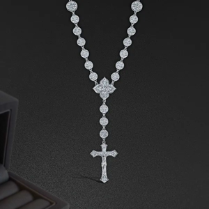 Collier chapelet en argent 925 avec pendentif croix en moissanite, serti pavé, style religieux catholique, bijoux unisexe - Product Image 1