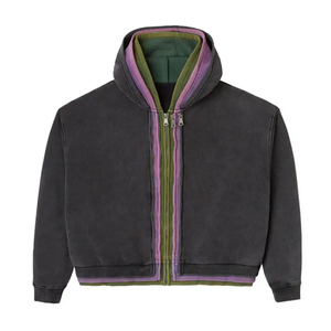 Vente en gros de sweats à capuche et vestes à capuche personnalisables avec logo, épais, délavés à l'acide, de haute qualité, à carreaux, style streetwear, coupe ample et courte - Product Image 6