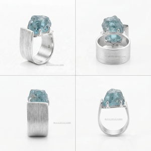 Geometric Cocktail <b>Ring</b> Natural <b>Aquamarine</b> Raw <b>Stone</b> 925 Silver Bezel Setting Minimalist Design High-grade Customizable Unisex - Product Image 4