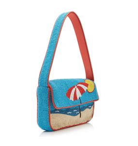 Sac bandoulière perlé fait main, forme rectangulaire, motif parapluie de plage bleu, artisanat textile - Product Image 1